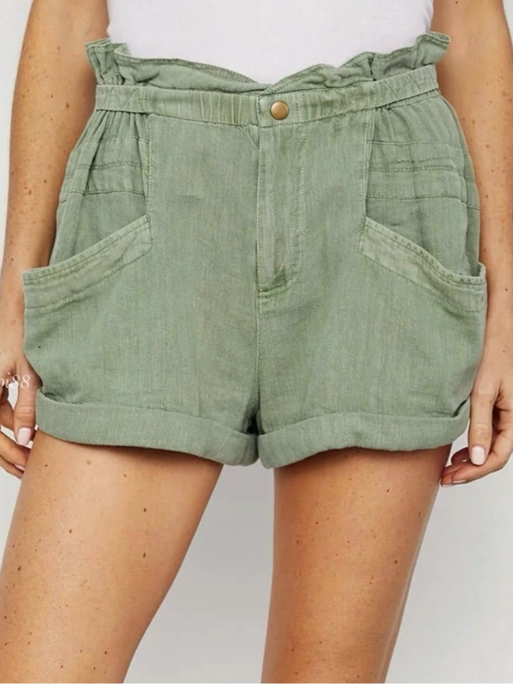 Free People High-Waist Paperbag Shorts in Light Sage Green
